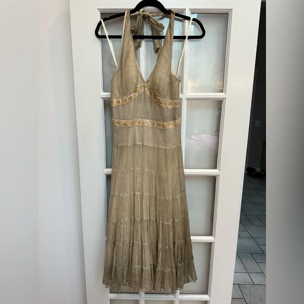 Vintage Cache Y2K Sequin Beaded Gold Romantic Formal Silk Gown Size 2 XS NWT - Picture 1 of 13